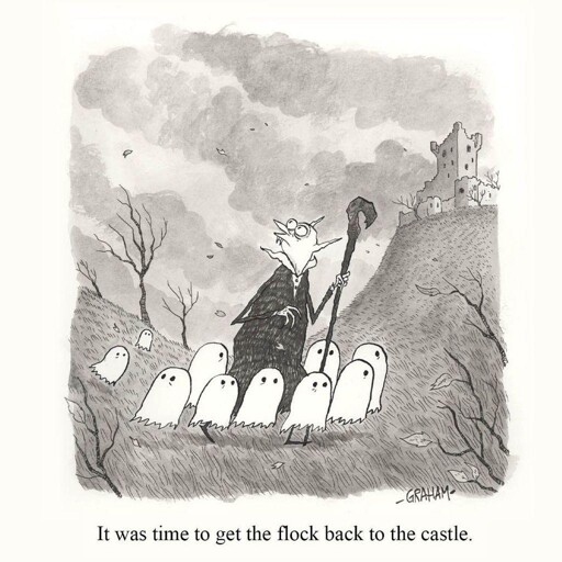 A cartoon illustration of a vampire looking at stormy skies shepherding a flock of ghosts into a castle. Caption reads "It was time to get the flock back to the castle."